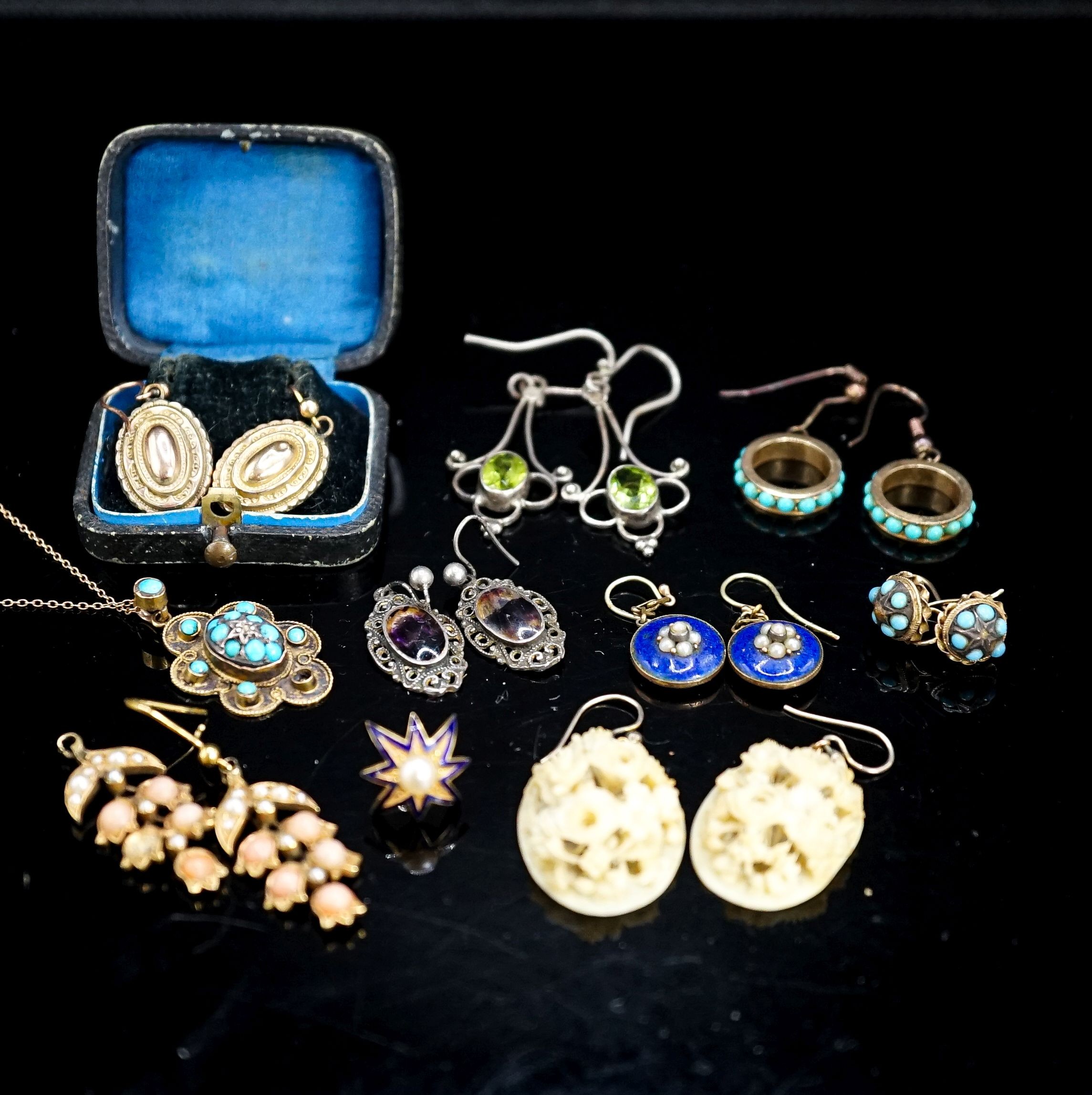 Eight assorted pairs of Victorian and later earrings including yellow metal and coral set, one odd earing and a pendant and two chains (some a.f.).